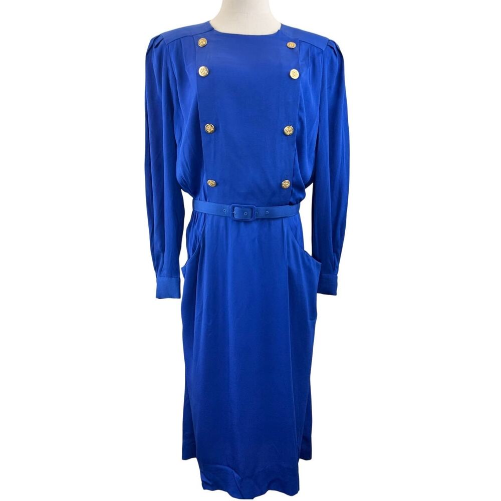 Vintage 80s Albert Nipon Royal Blue Rayon Crepe Belted Midi Dress Women's 14